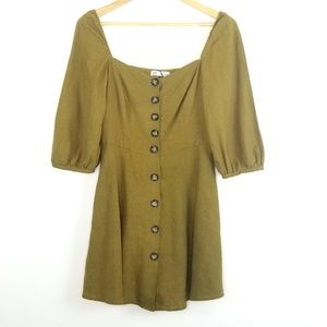 Zara Olive Green Puff Sleeve Button Down Dress S